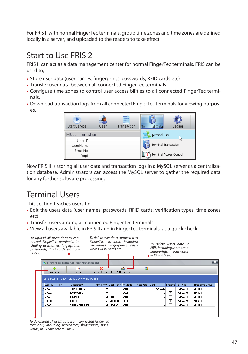 Start to use fris 2, Terminal users | FingerTec FRIS II User Manual | Page 46 / 55
