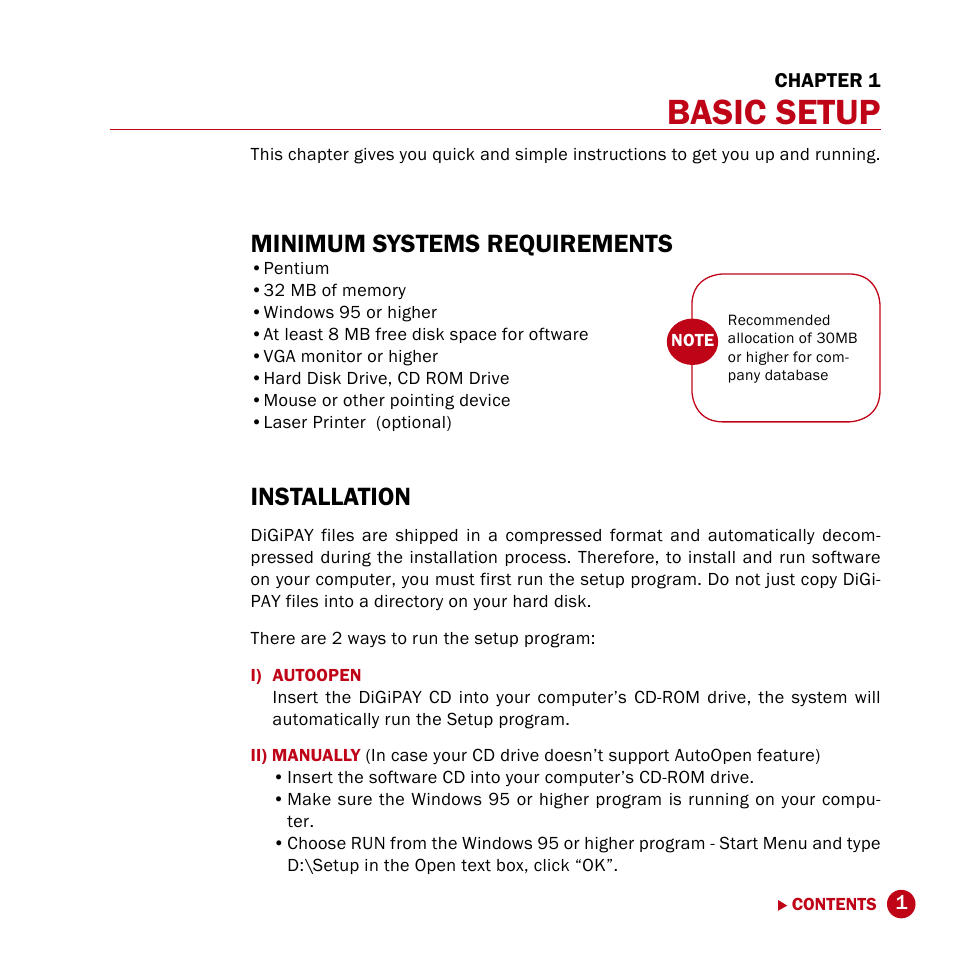 Chp 1, Basic setup, Minimum systems requirements | Installation | FingerTec DiGiPAY User Manual | Page 4 / 74