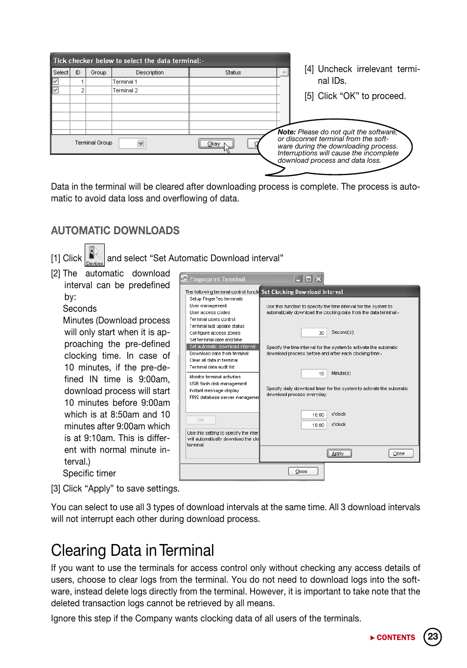 Clearing data in terminal, Automatic downloads | FingerTec DiGiTime (OEM) User Manual | Page 24 / 98