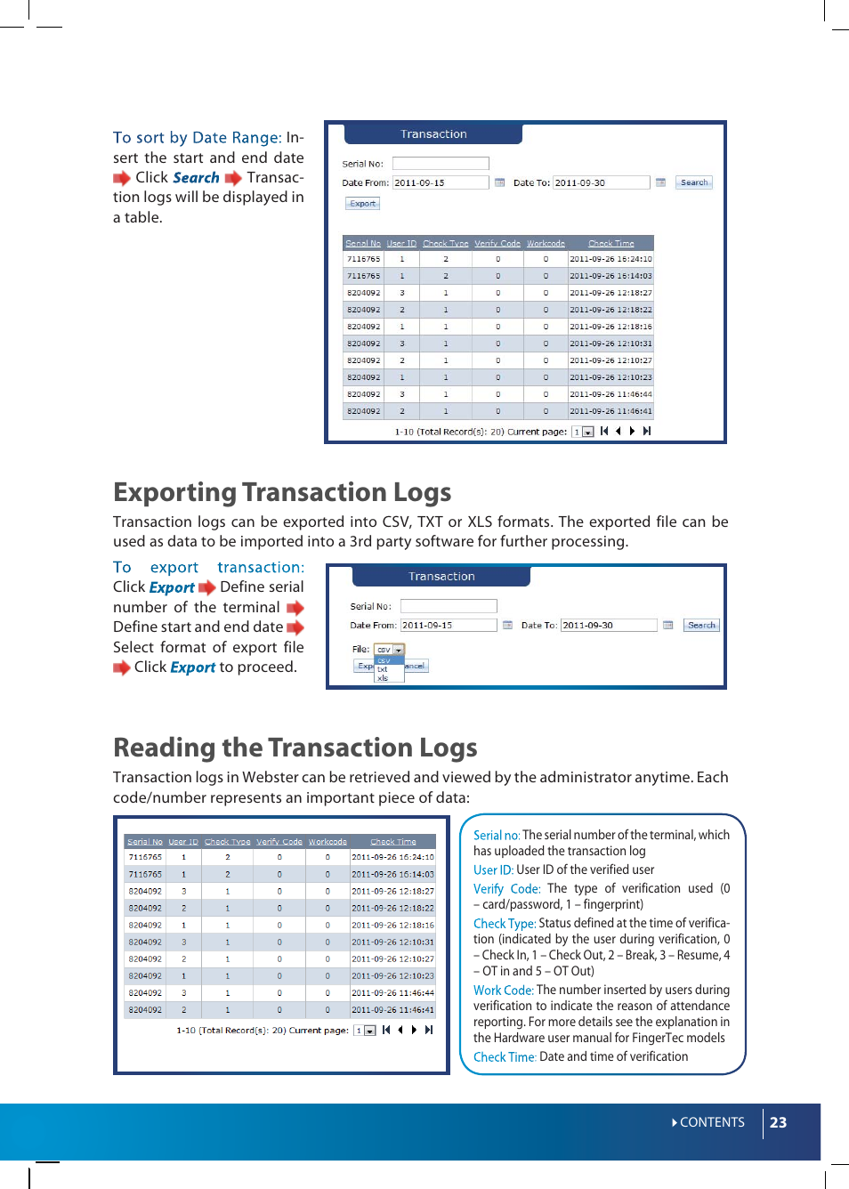 Exporting transaction logs, Reading the transaction logs | FingerTec Webster User Manual | Page 23 / 35