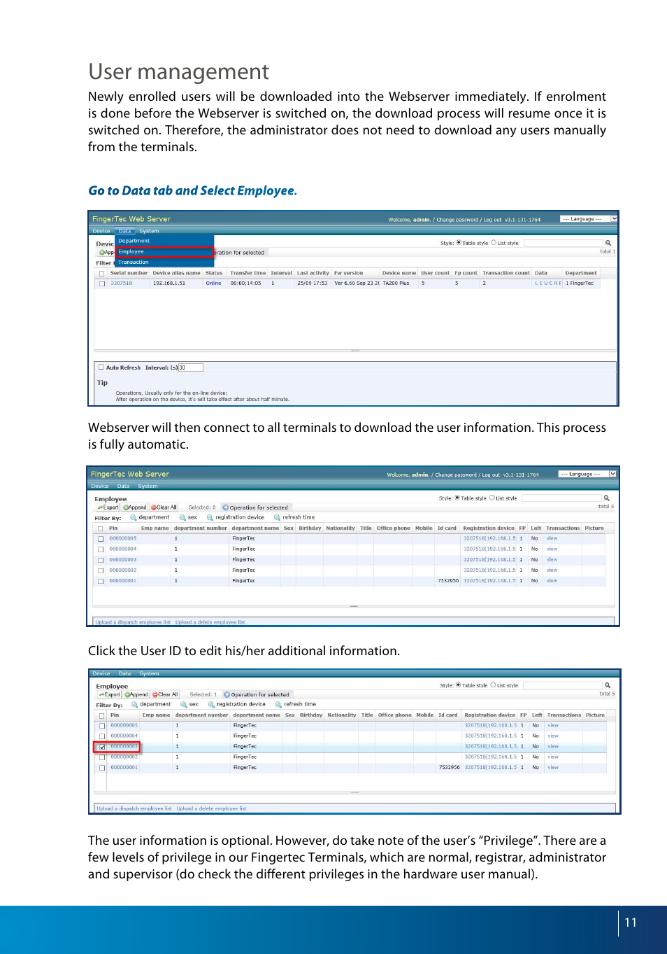 User management | FingerTec Webserver User Manual | Page 11 / 26