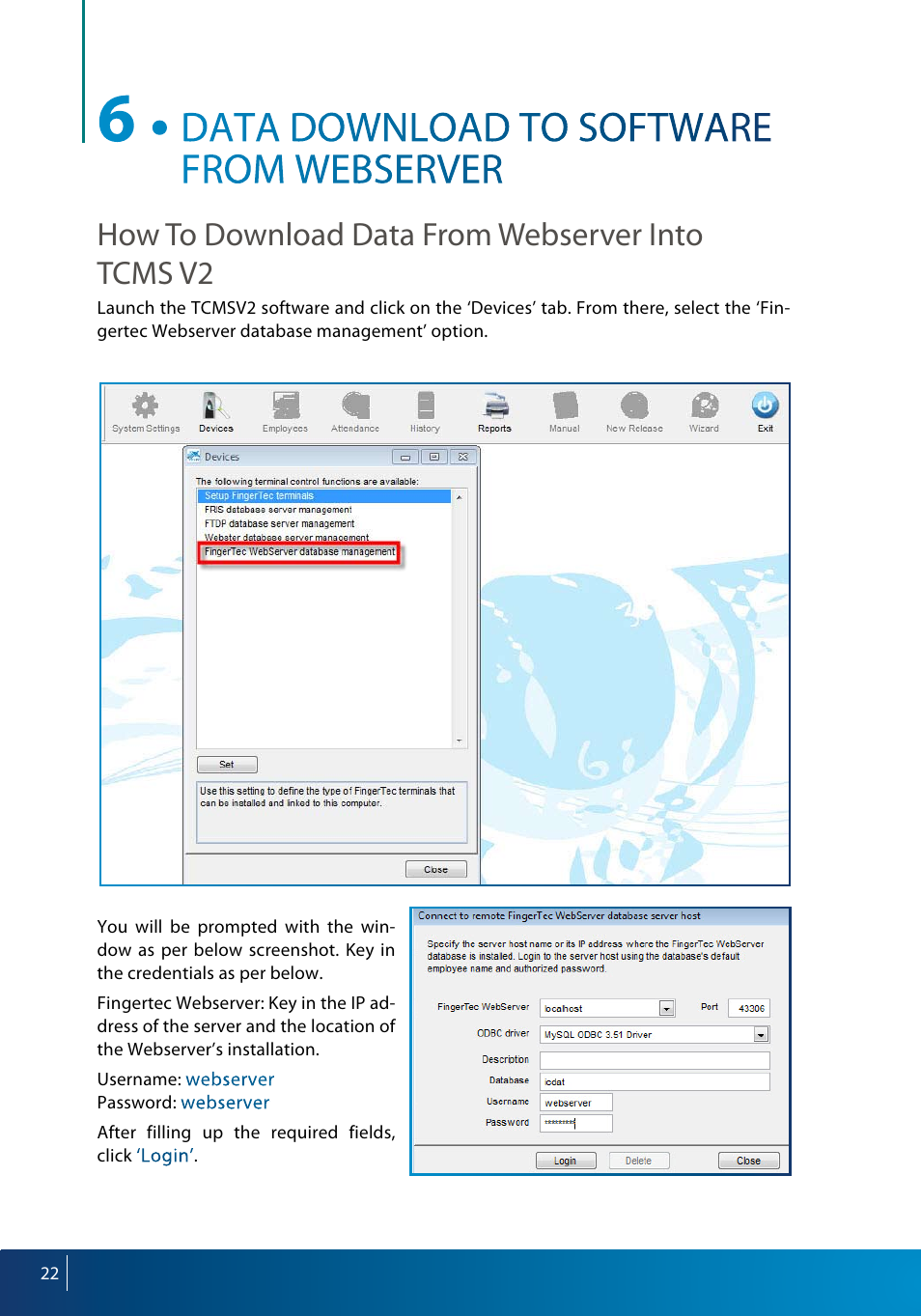 How to download data from webserver into tcms v2 | FingerTec Webserver User Manual | Page 22 / 26
