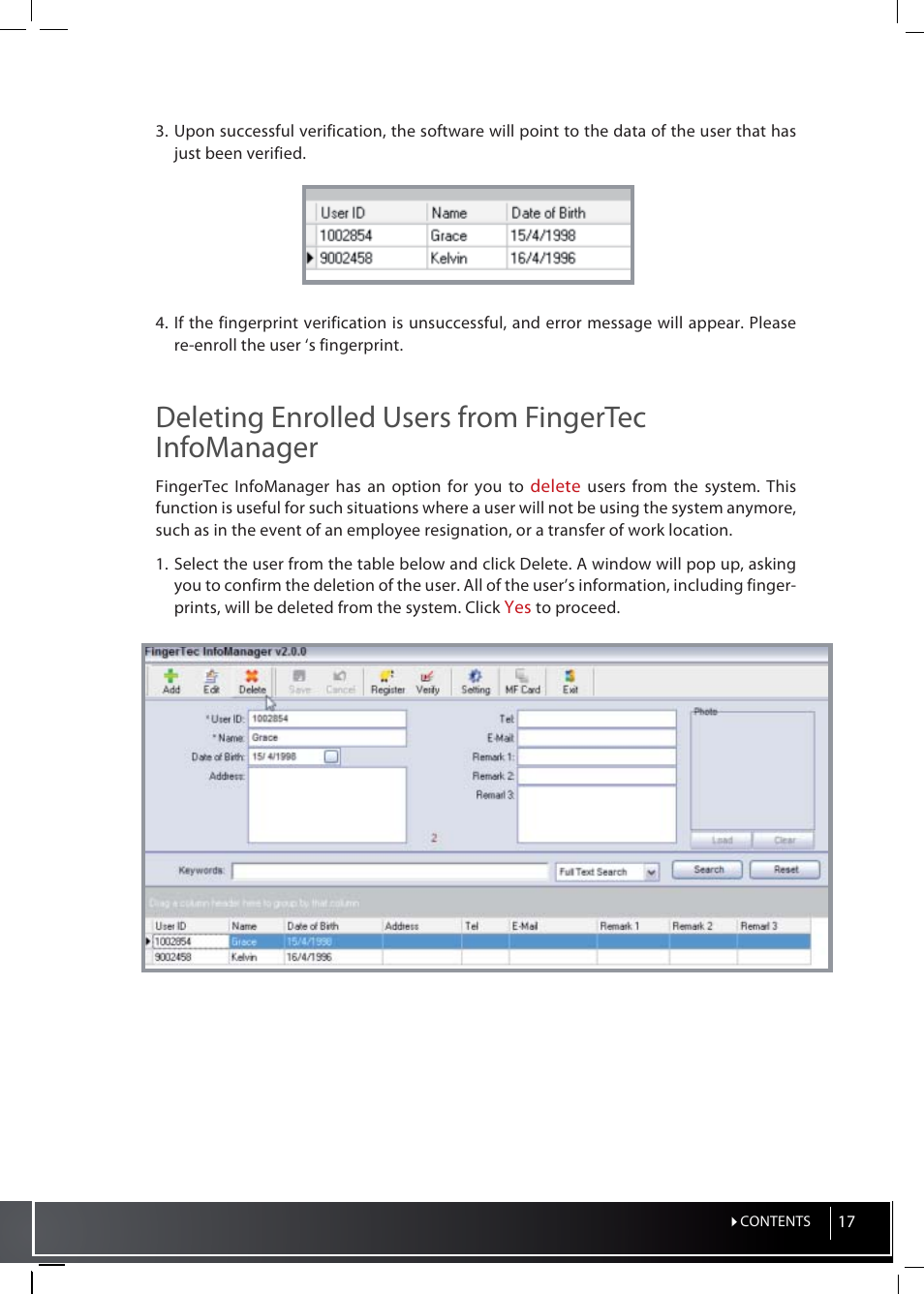 Deleting enrolled users from fingertec infomanager | FingerTec InfoManager User Manual | Page 17 / 19