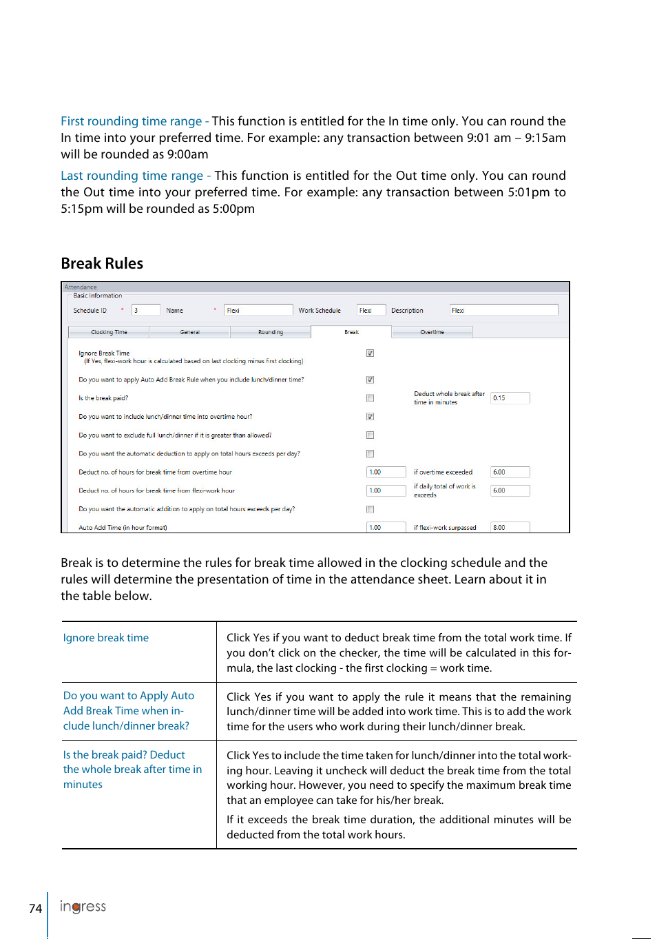 Break rules | FingerTec Ingress User Manual | Page 74 / 104