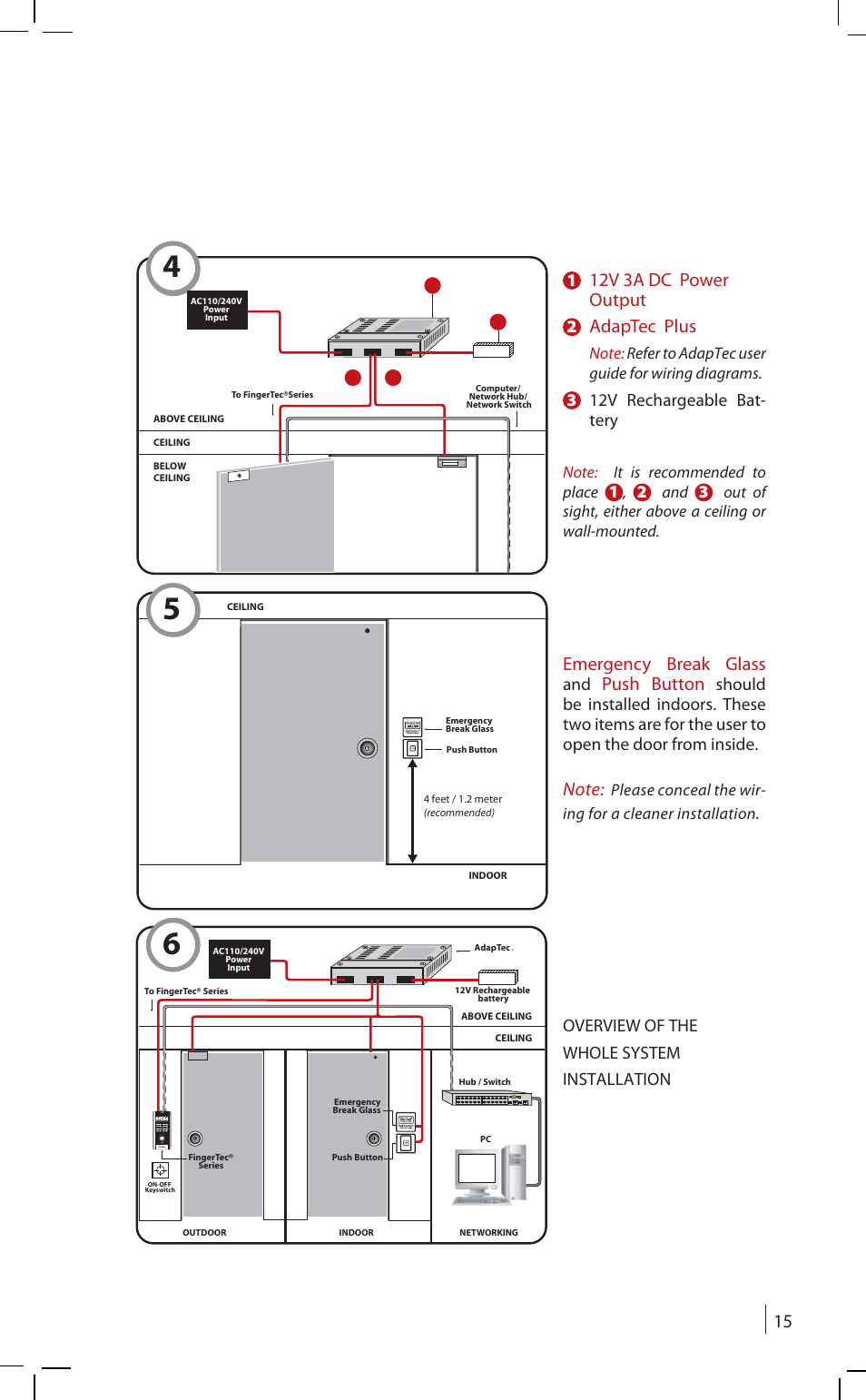 12v 3a dc power output, Adaptec plus, Emergency break glass | Push button | FingerTec AdapTec Plus User Manual | Page 15 / 20