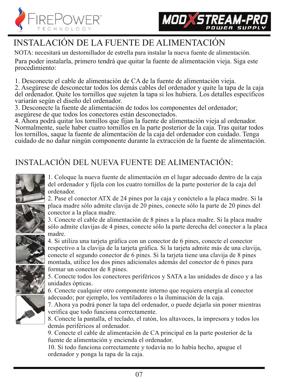 Instalación de la fuente de alimentación, Instalación del nueva fuente de alimentación | FirePower Technology 700MXSP User Manual | Page 8 / 19