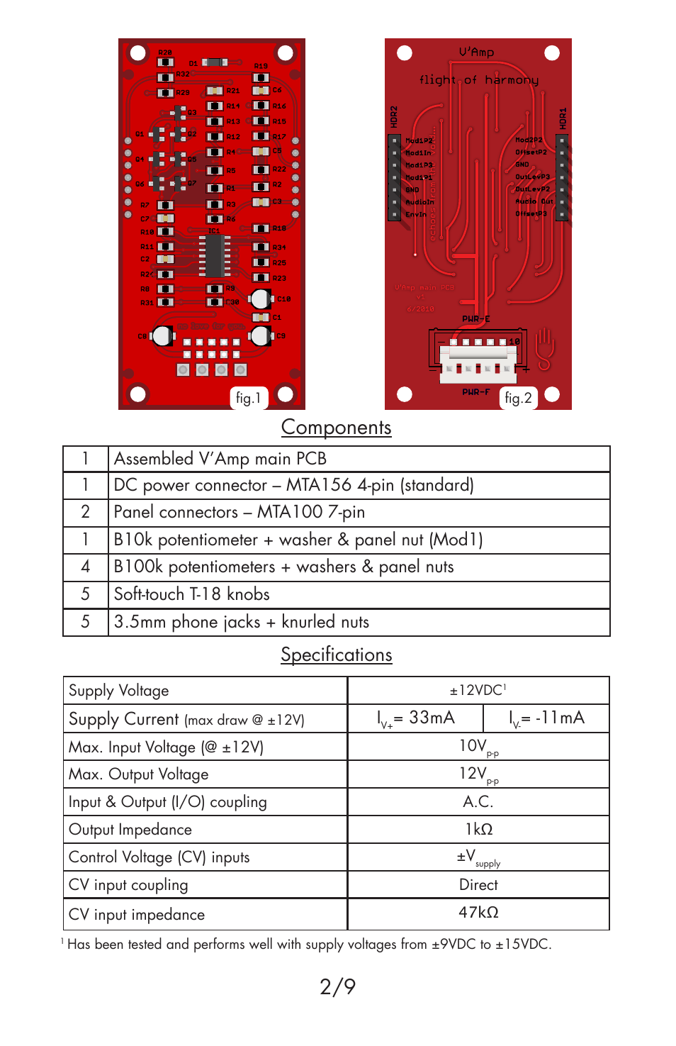 Components, Specifications | Flight of Harmony V’Amp Ver 1 Bare-Bones User Manual | Page 2 / 9