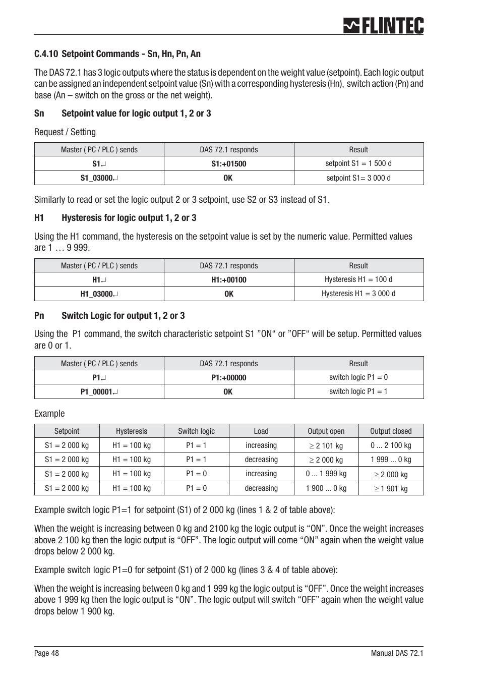 C.4.10 setpoint commands - sn, hn, pn, an 48 | Flintec DAS 72.1 User Manual | Page 48 / 57