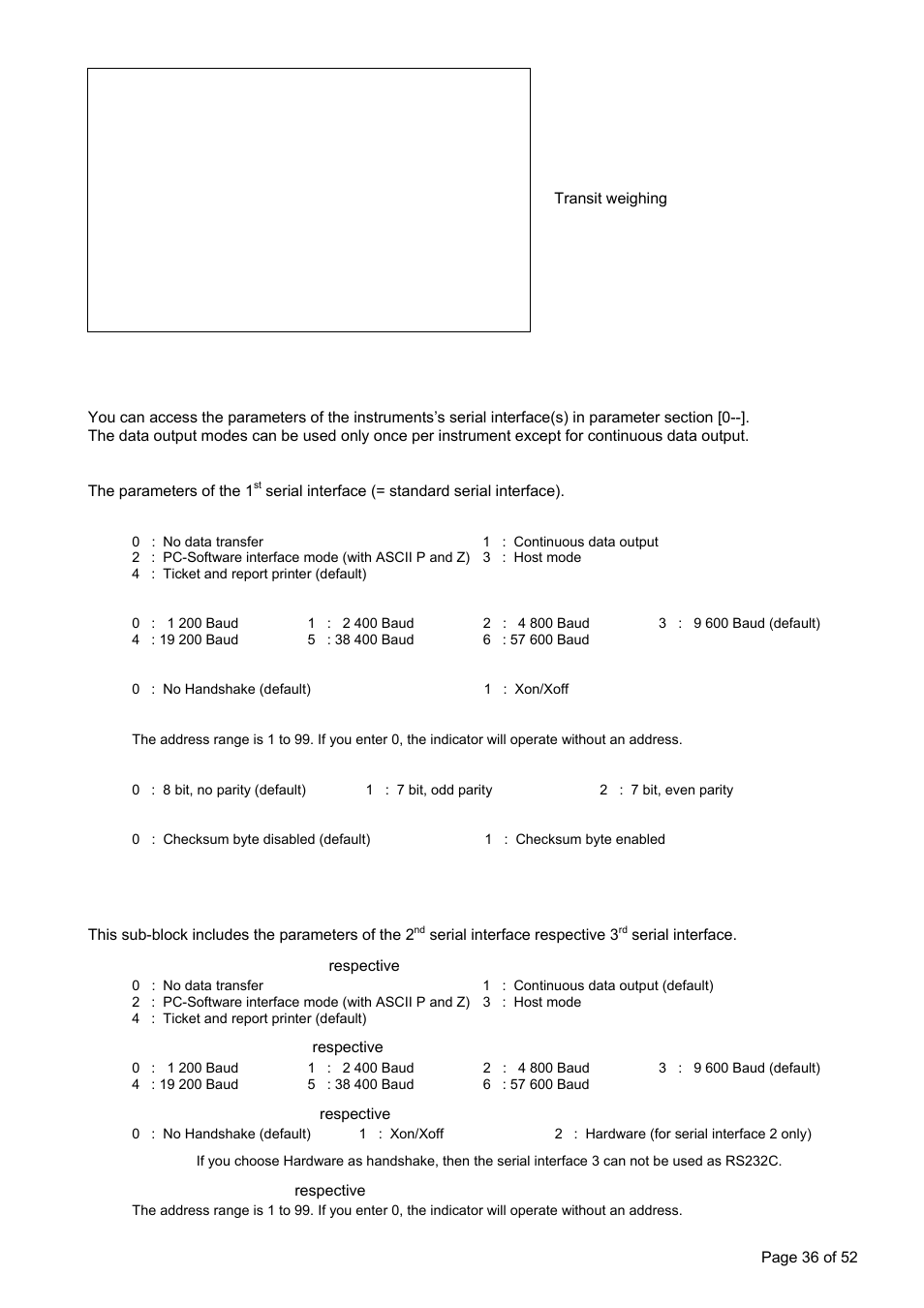 ] interface block, ] serial interface 1, ] serial interface 2 [02-] serial interface 3 | 7 setup, 000 4] data format, 001 3] baud rate, 002 0] handshake, 004 0] data length and parity, 005 0] checksum, 010 0] data format | Flintec FT-15D User Manual | Page 36 / 52