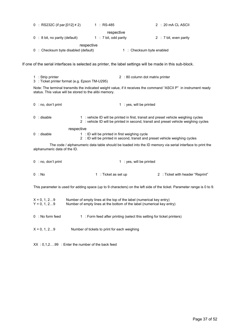 ] printer, 014 0] data length and parity, 025 0] data length and parity | 015 0] checksum, 026 0] checksum, 040 x] ticket format, 041 x] date and time, 042 x] vehicle id, 043 x] id1, 044 x] id2 | Flintec FT-15D User Manual | Page 37 / 52