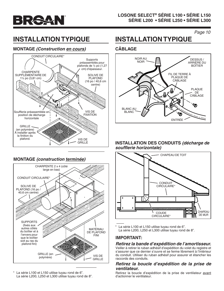 Installation typique, Construction en cours), Construction terminée) | Décharge de soufflerie horizontale), Retirez la bande d’expédition de l’amortisseur, Losone select, Montage, Câblage, Installation des conduits, Important | FloAire CFA-FA User Manual | Page 10 / 12