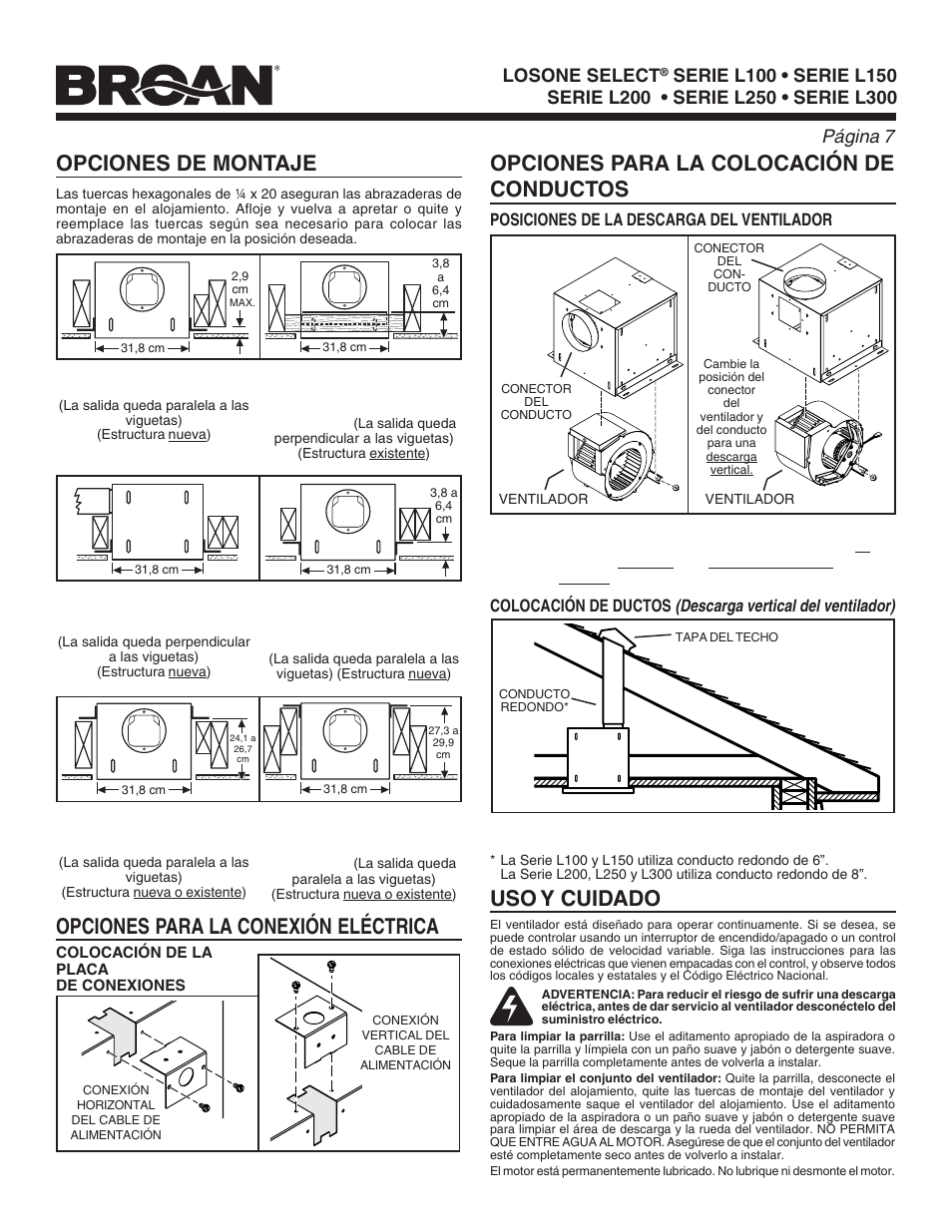 Uso y cuidado, Página, Page 7 losone select | Losone select, Posiciones de la descarga del ventilador | FloAire CFA-FA User Manual | Page 7 / 12