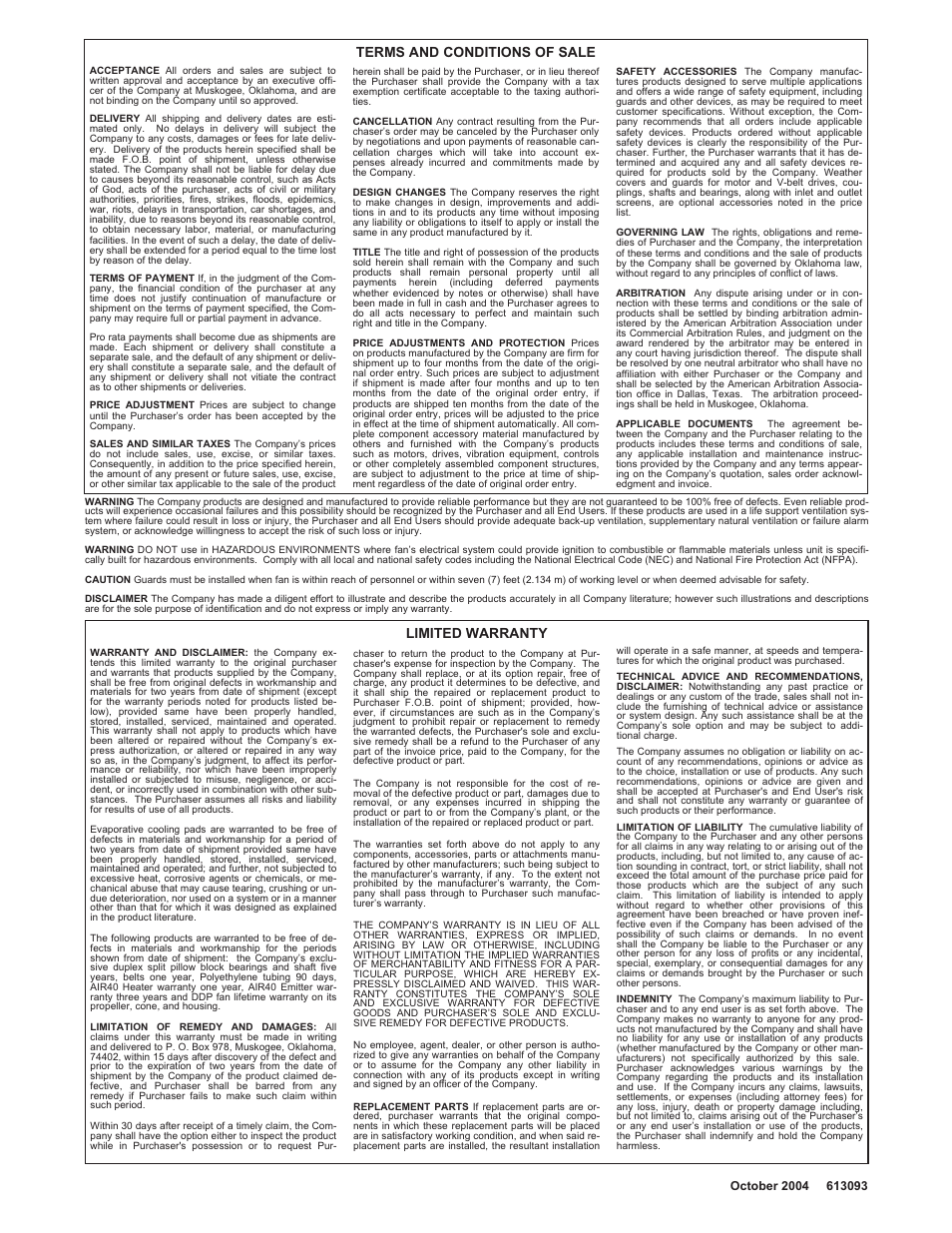 Terms and conditions of sale, Limited warranty | FloAire USI-FA User Manual | Page 7 / 7