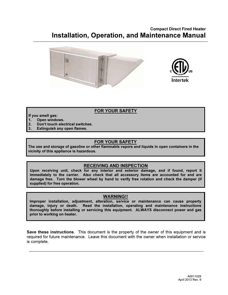 FloAire Compact Direct Fired Heater User Manual | 32 pages