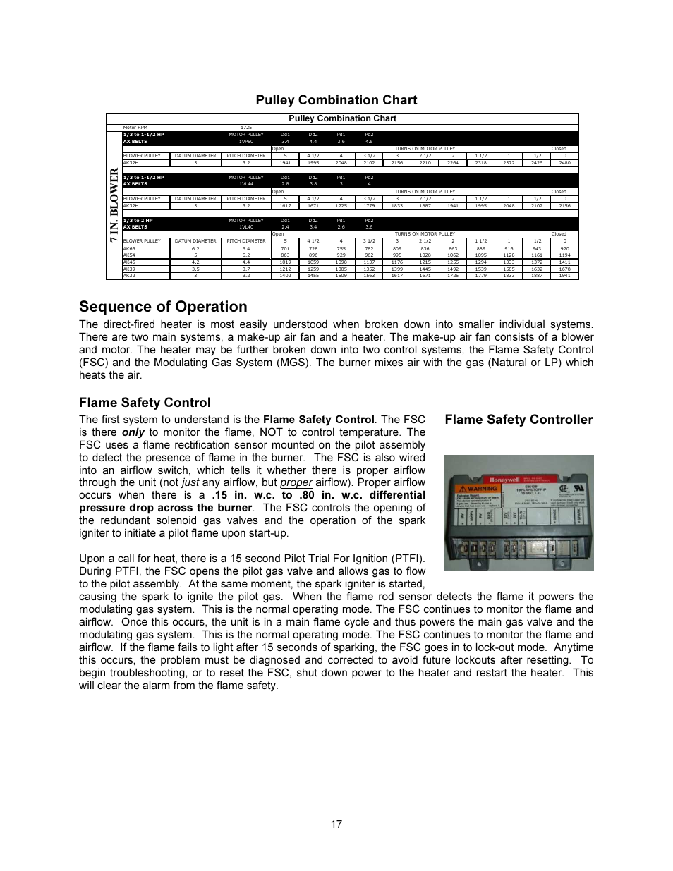 Sequence of operation, Flame safety controller pulley combination chart, Flame safety control | 7i n . bl ow e r, Pulley combination chart | FloAire Compact Direct Fired Heater User Manual | Page 17 / 32