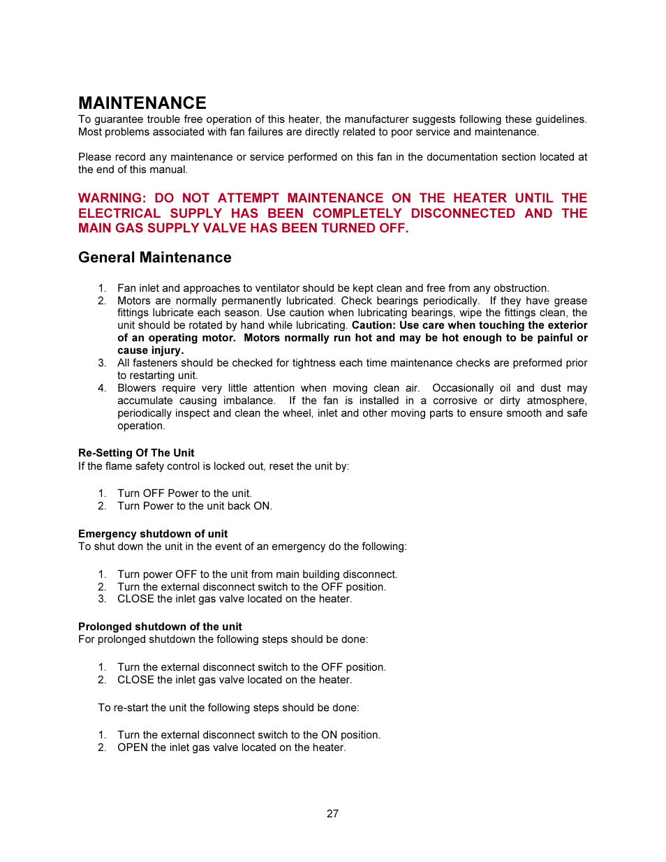 Maintenance, General maintenance | FloAire Compact Direct Fired Heater User Manual | Page 27 / 32