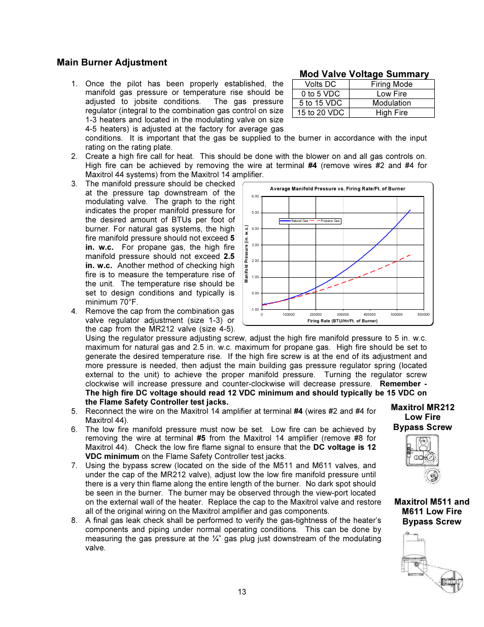 Mod valve voltage summary, Main burner adjustment, Maxitrol mr212 low fire bypass screw | FloAire F-D Installation User Manual | Page 13 / 32