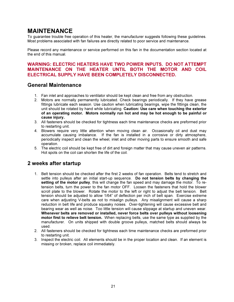 Maintenance, General maintenance, 2 weeks after startup | FloAire STAGED ELECTRIC HEAT MODULE User Manual | Page 21 / 24