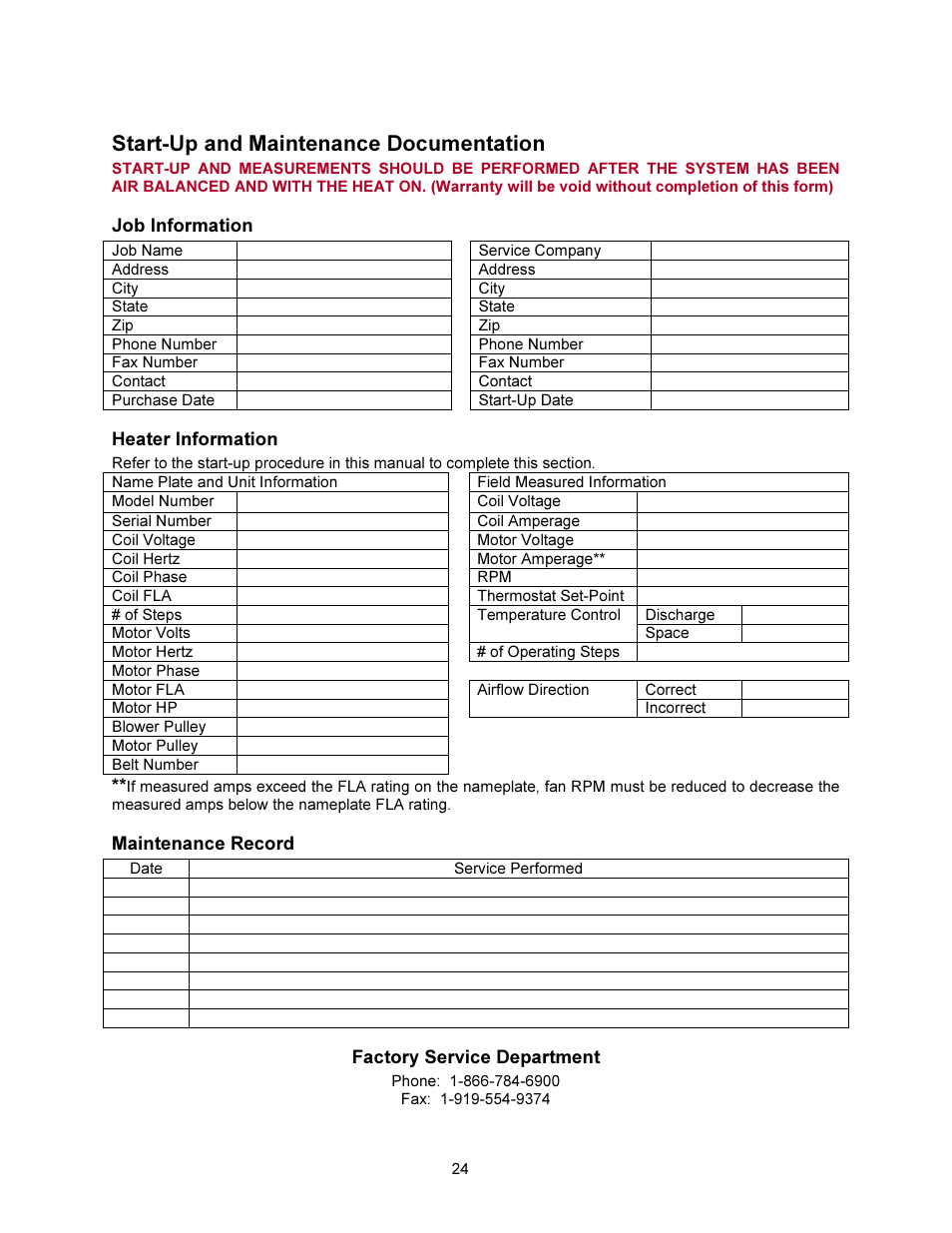 Start-up and maintenance documentation | FloAire STAGED ELECTRIC HEAT MODULE User Manual | Page 24 / 24