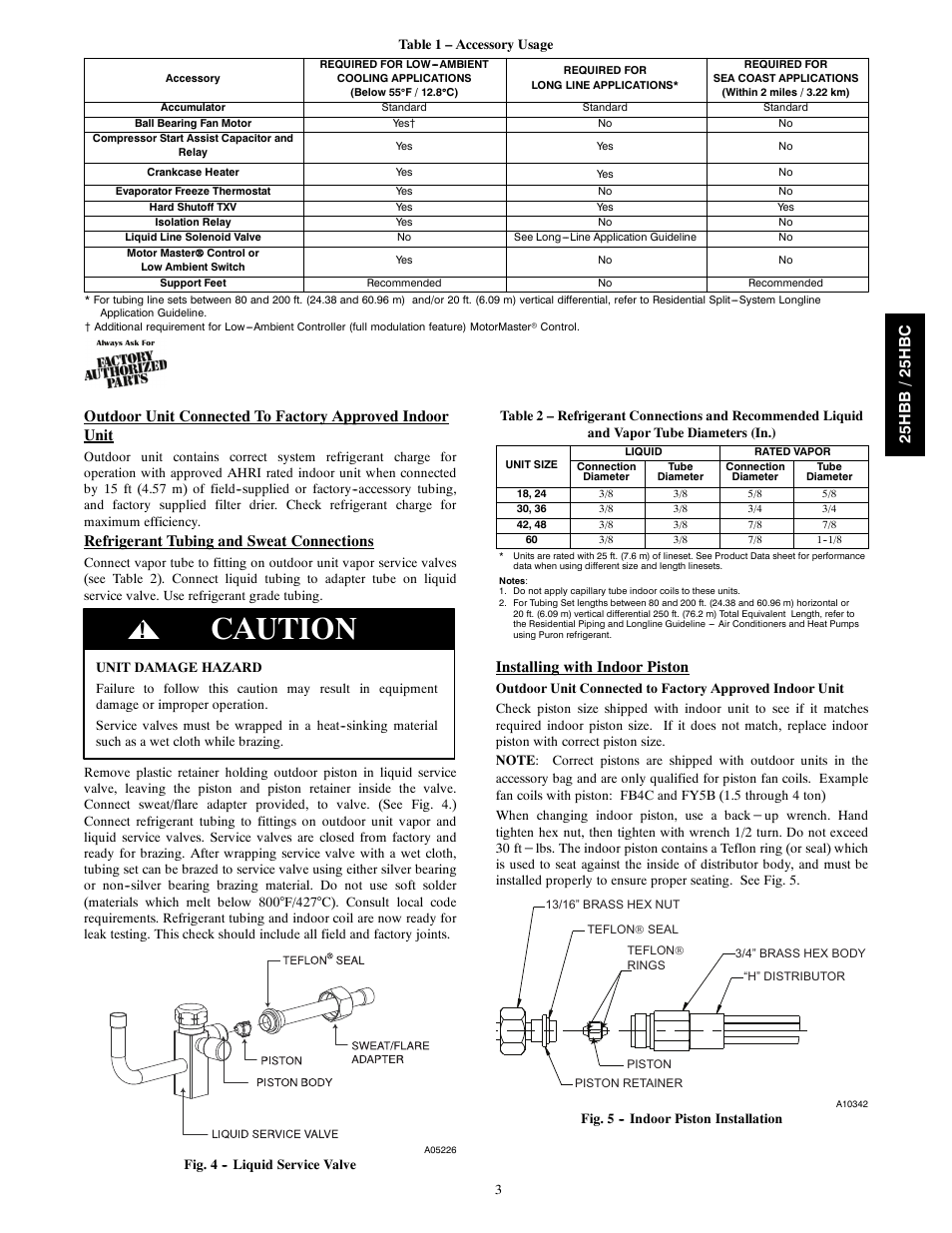 Caution, Refrigerant tubing and sweat connections, Installing with indoor piston | 25h b b /25h b c | FloAire 25HBC User Manual | Page 3 / 10