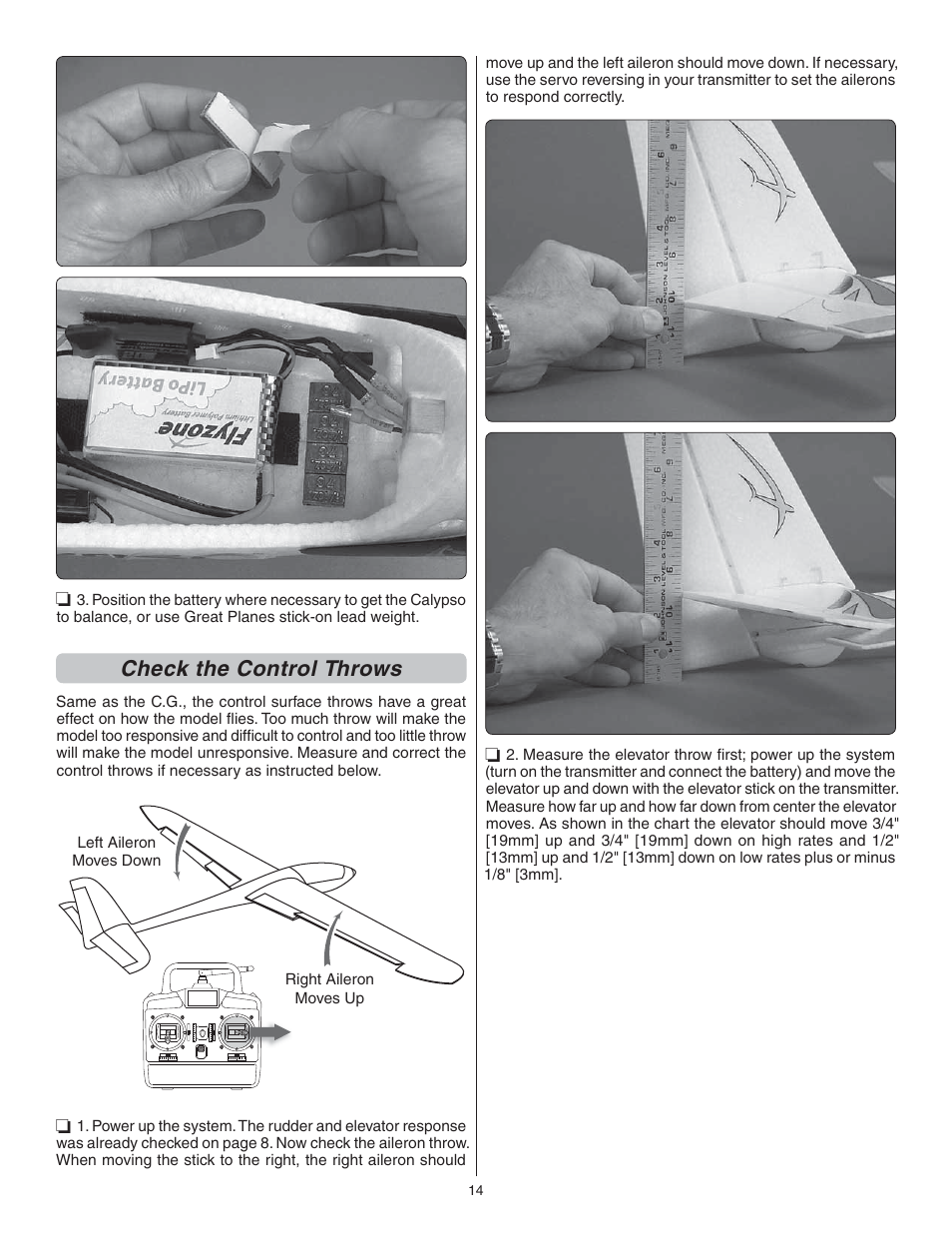 Check the control throws | Flyzone FLZA3004 User Manual | Page 14 / 20