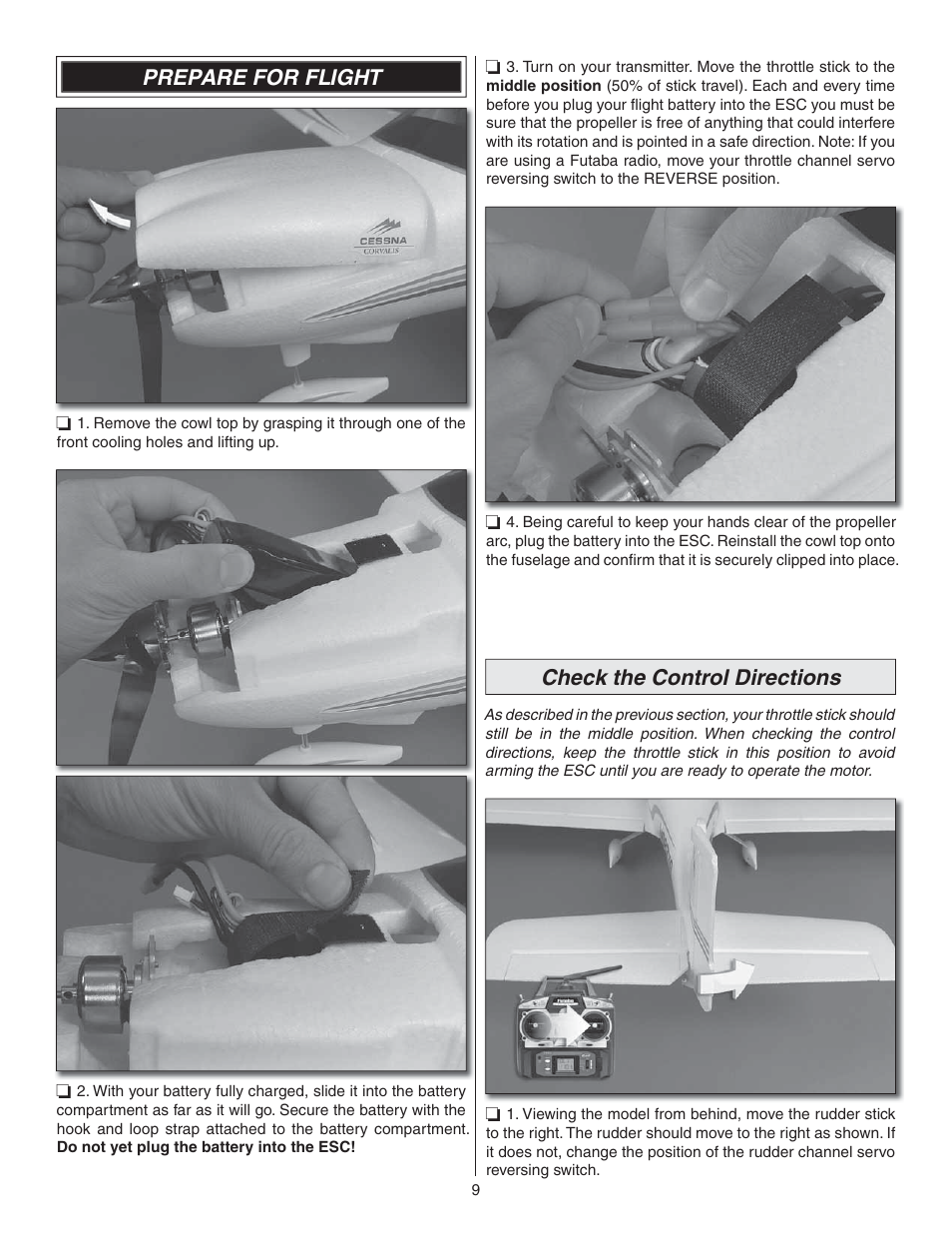 Prepare for flight, Check the control directions | Flyzone FLZA4304 User Manual | Page 9 / 16
