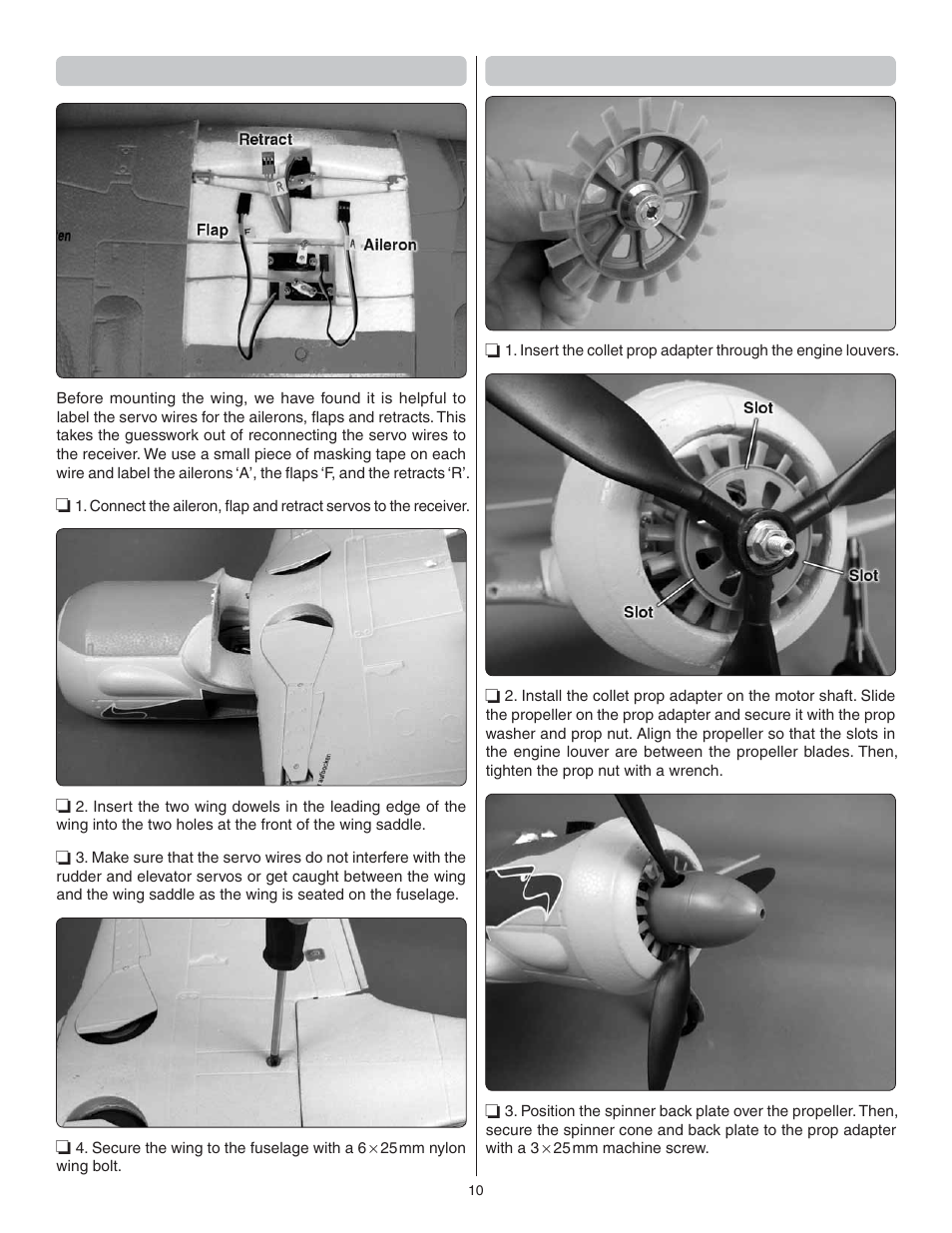 Mount the wing, Install the propeller | Flyzone FLZA4314 User Manual | Page 10 / 20
