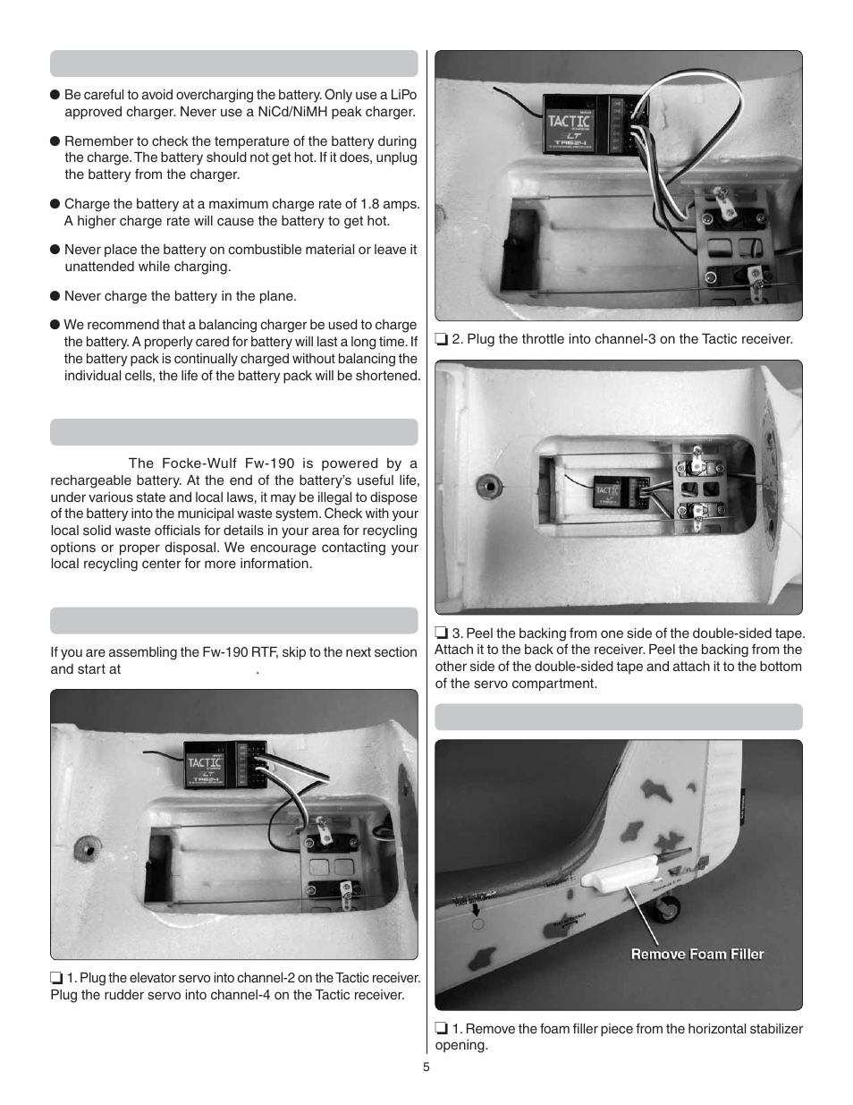 Battery charging precautions, Battery recycling, Install the receiver | Install the stabilizer | Flyzone FLZA4314 User Manual | Page 5 / 20