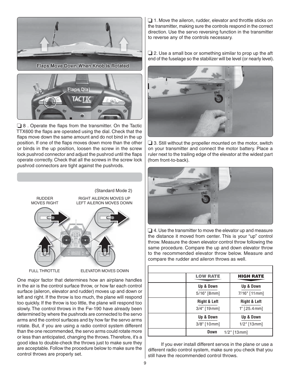 Check the control throws, Channel radio set up | Flyzone FLZA4314 User Manual | Page 9 / 20