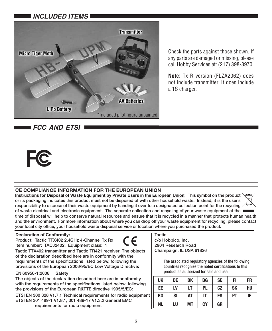 Fcc requirement, Included items fcc and etsi | Flyzone FLZA2062 User Manual | Page 2 / 12