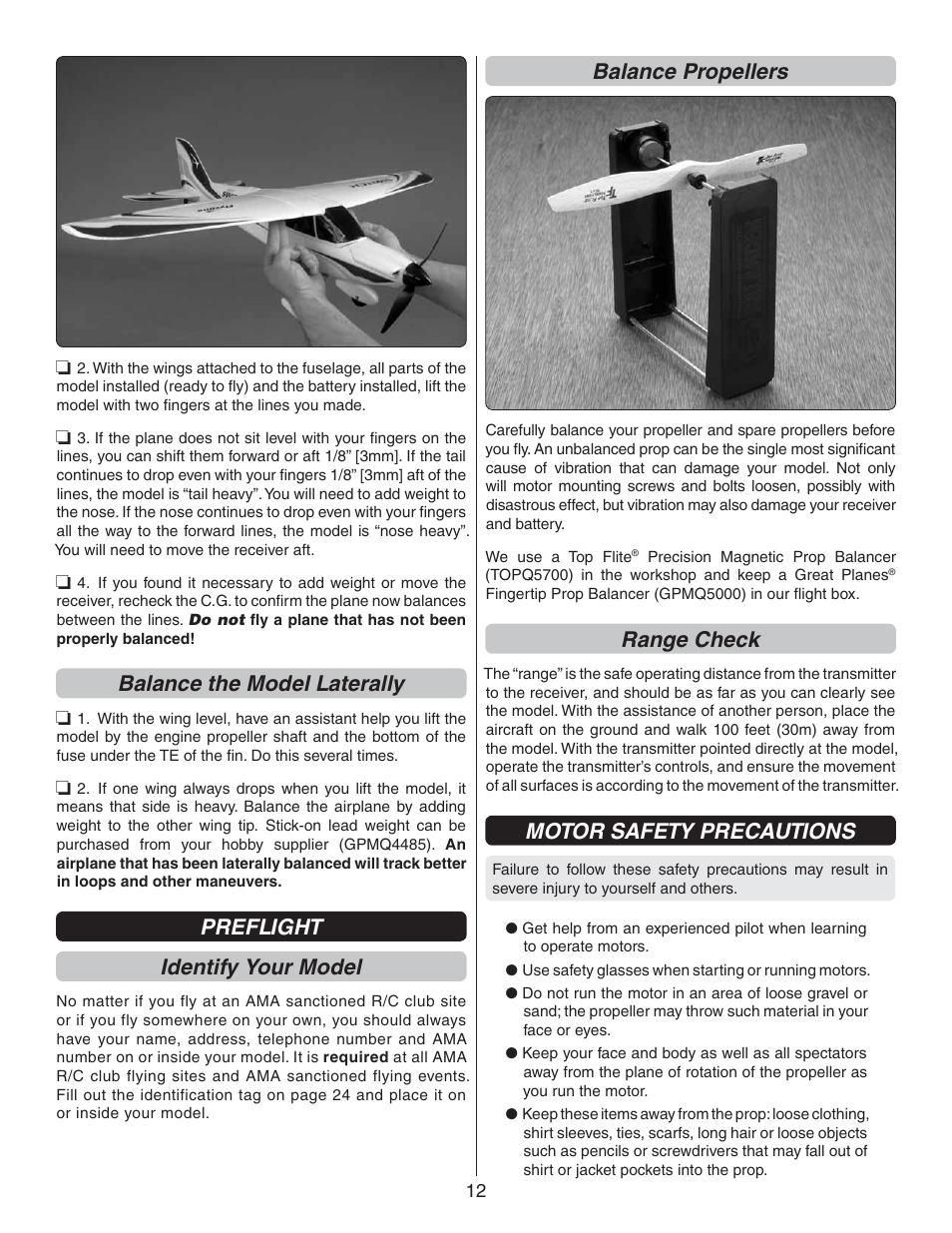 Balance the model laterally, Preflight identify your model, Balance propellers | Range check, Motor safety precautions | Flyzone FLZA3322 User Manual | Page 12 / 24