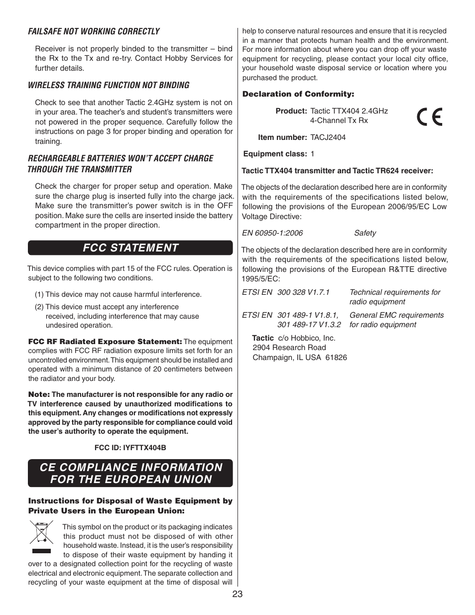 Fcc statement, Ce compliance information for the european union | Flyzone FLZA3322 User Manual | Page 23 / 24