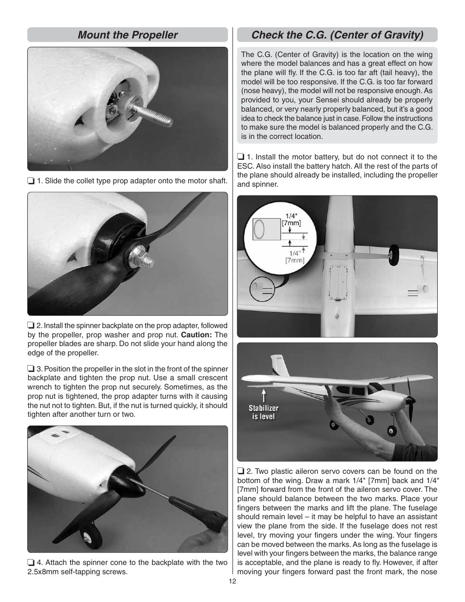 Mount the propeller, Check the c.g. (center of gravity) | Flyzone FLZA3014 User Manual | Page 12 / 24