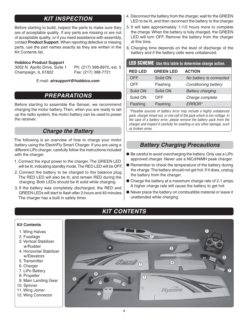 Kit inspection, Preparations, Charge the battery | Battery charging precautions, Kit contents | Flyzone FLZA3014 User Manual | Page 4 / 24