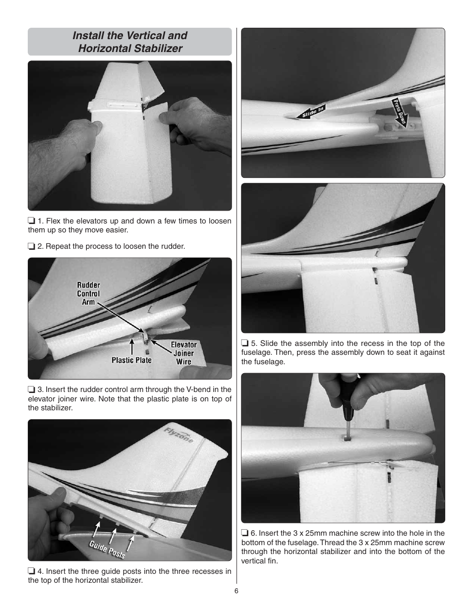 Install the vertical and horizontal stabilizer | Flyzone FLZA3014 User Manual | Page 6 / 24