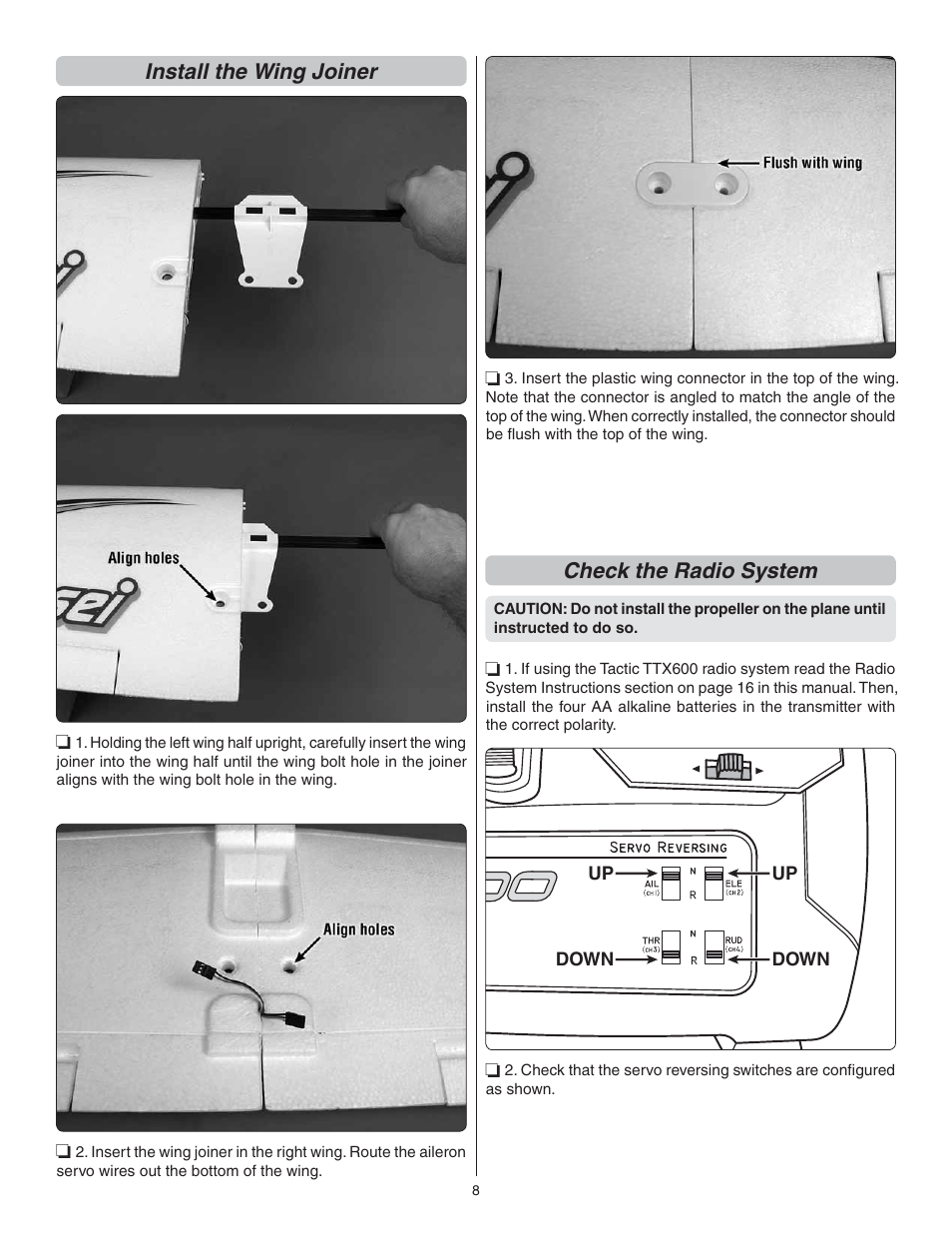 Install the wing joiner, Check the radio system | Flyzone FLZA3014 User Manual | Page 8 / 24