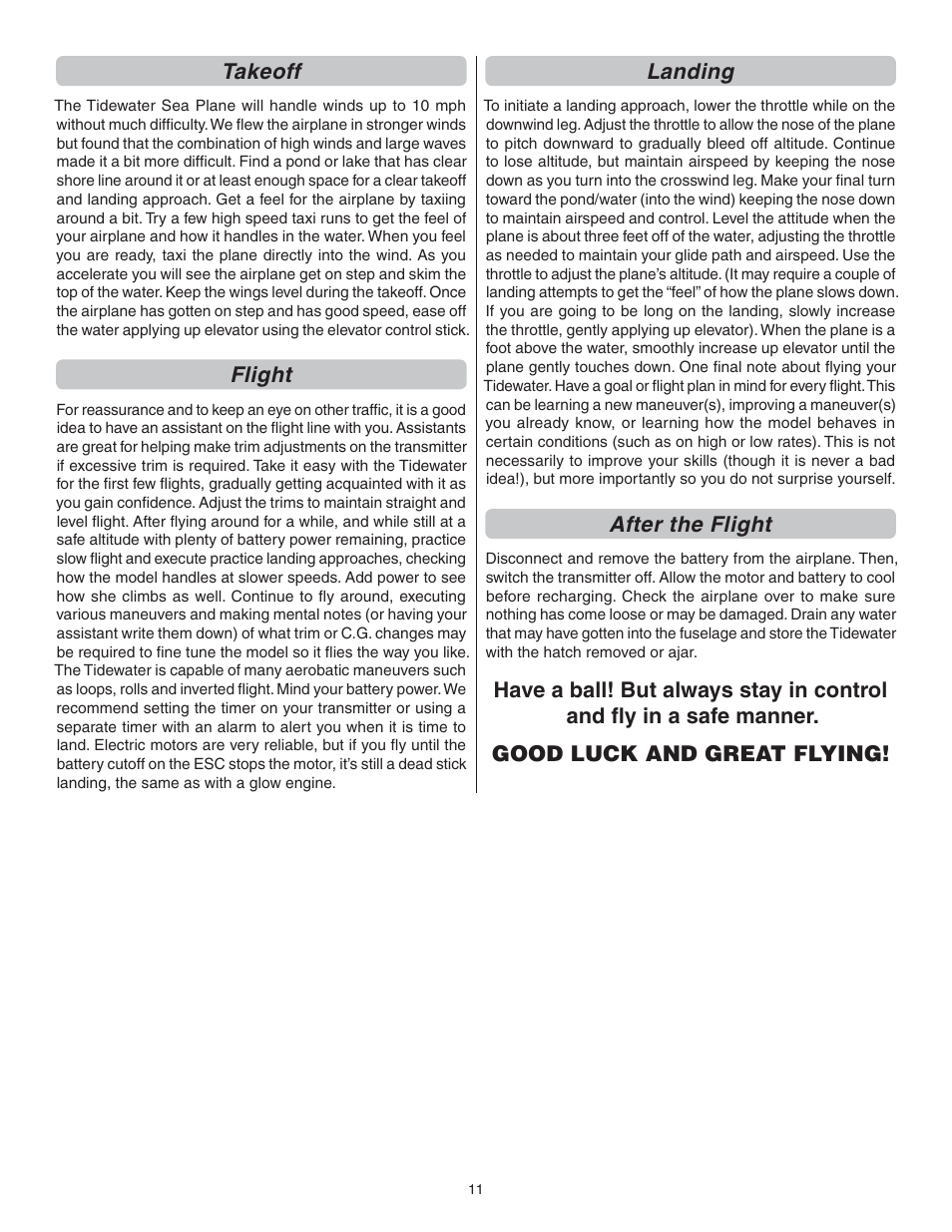 Takeoff, Flight, Landing | After the flight | Flyzone FLZA3332 User Manual | Page 11 / 20