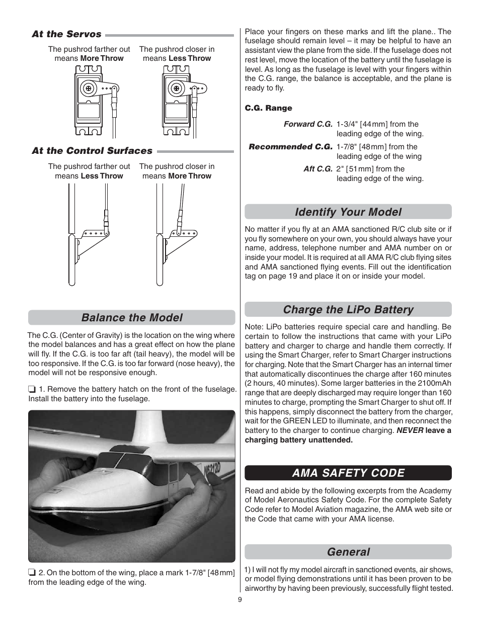 Balance the model, Identify your model, Charge the lipo battery | Ama safety code, General | Flyzone FLZA3332 User Manual | Page 9 / 20