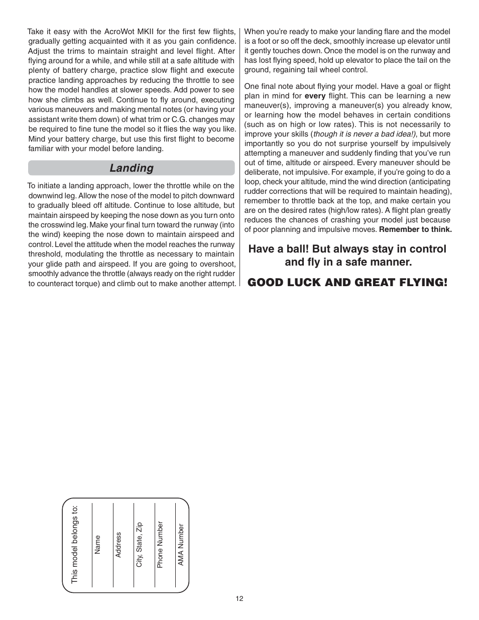 Landing | Flyzone FLZA3312 User Manual | Page 12 / 12