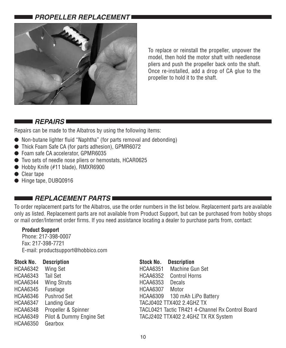 Repairs, Replacement parts, Propeller replacement | Flyzone FLZA2010 User Manual | Page 10 / 12