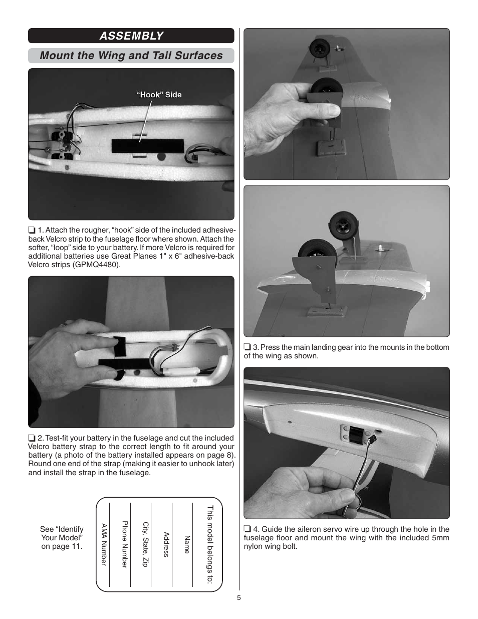 Assembly mount the wing and tail surfaces | Flyzone FLZA3604 User Manual | Page 5 / 12