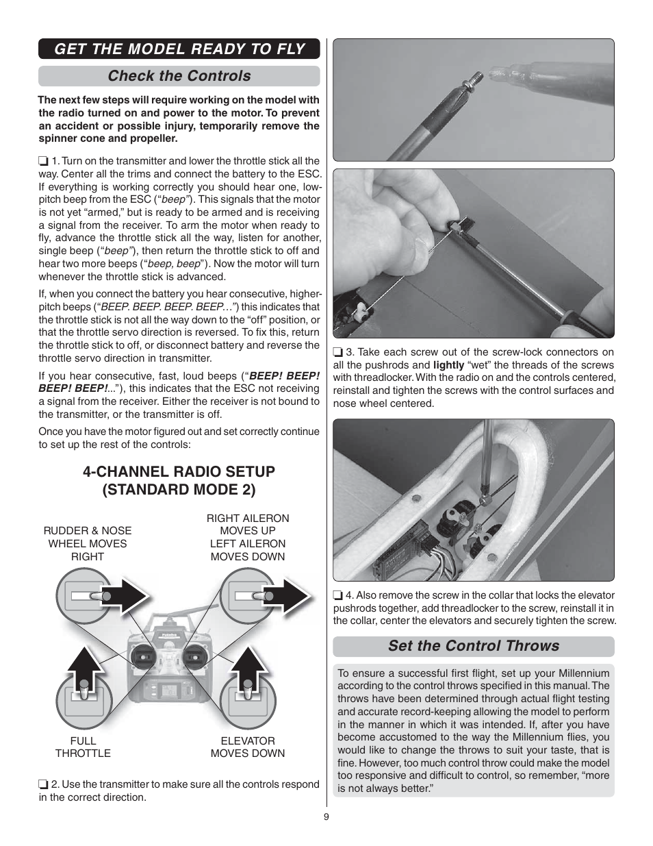 Get the model ready to fly check the controls, Channel radio setup (standard mode 2), Set the control throws | Flyzone FLZA3604 User Manual | Page 9 / 12