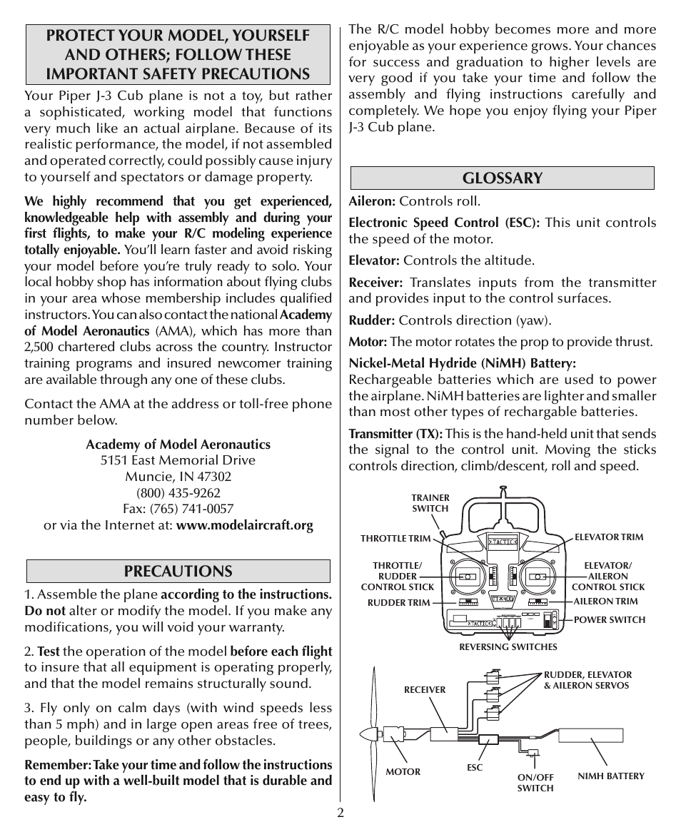 Precautions, Glossary | Flyzone HCAA24 User Manual | Page 2 / 16