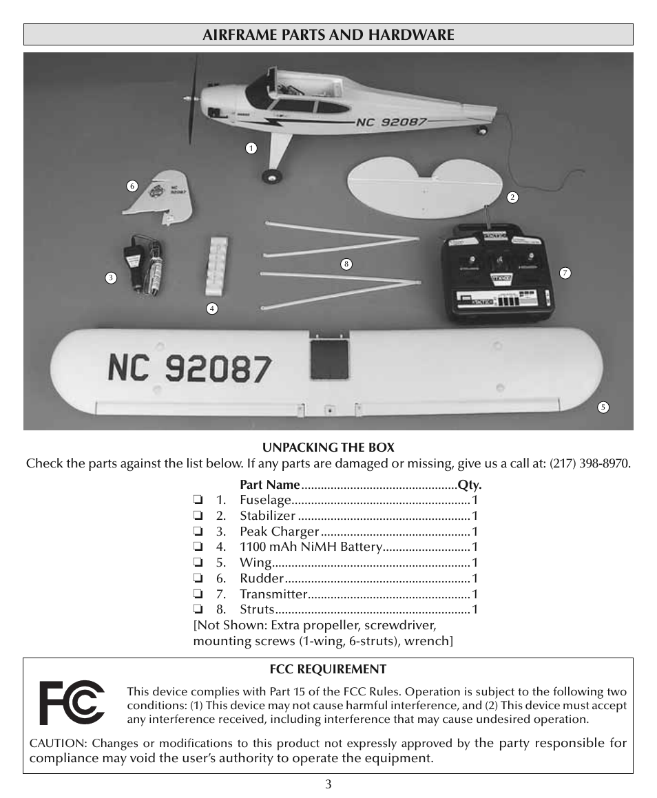 Airframe parts and hardware | Flyzone HCAA24 User Manual | Page 3 / 16
