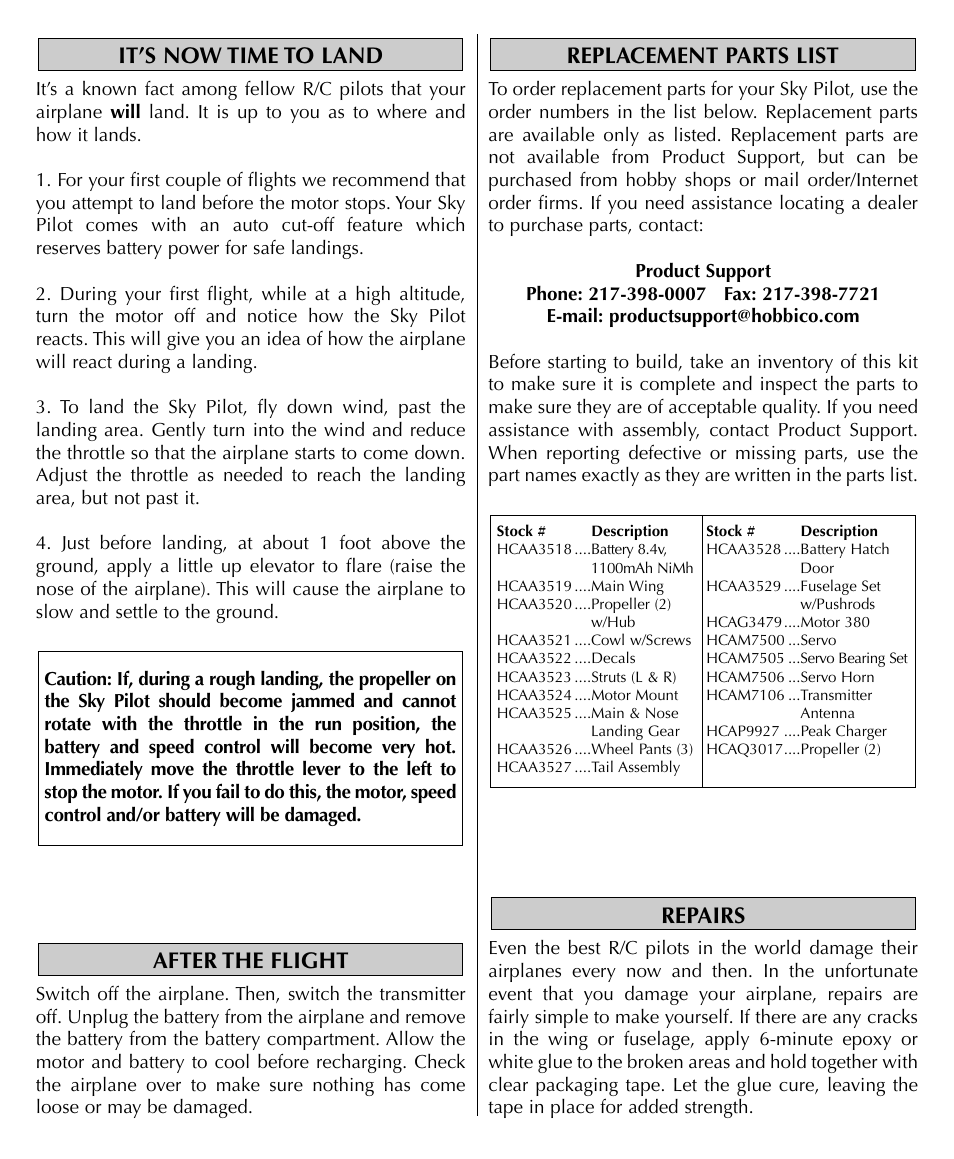 Repairs, Replacement parts list after the flight, It’s now time to land | Flyzone HCAA1985 User Manual | Page 12 / 12