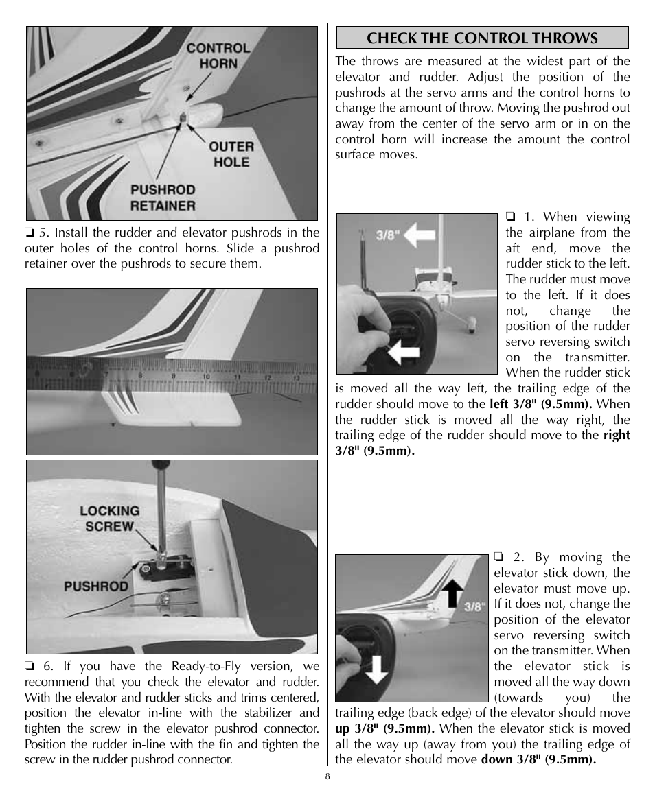 Check the control throws | Flyzone HCAA1985 User Manual | Page 8 / 12