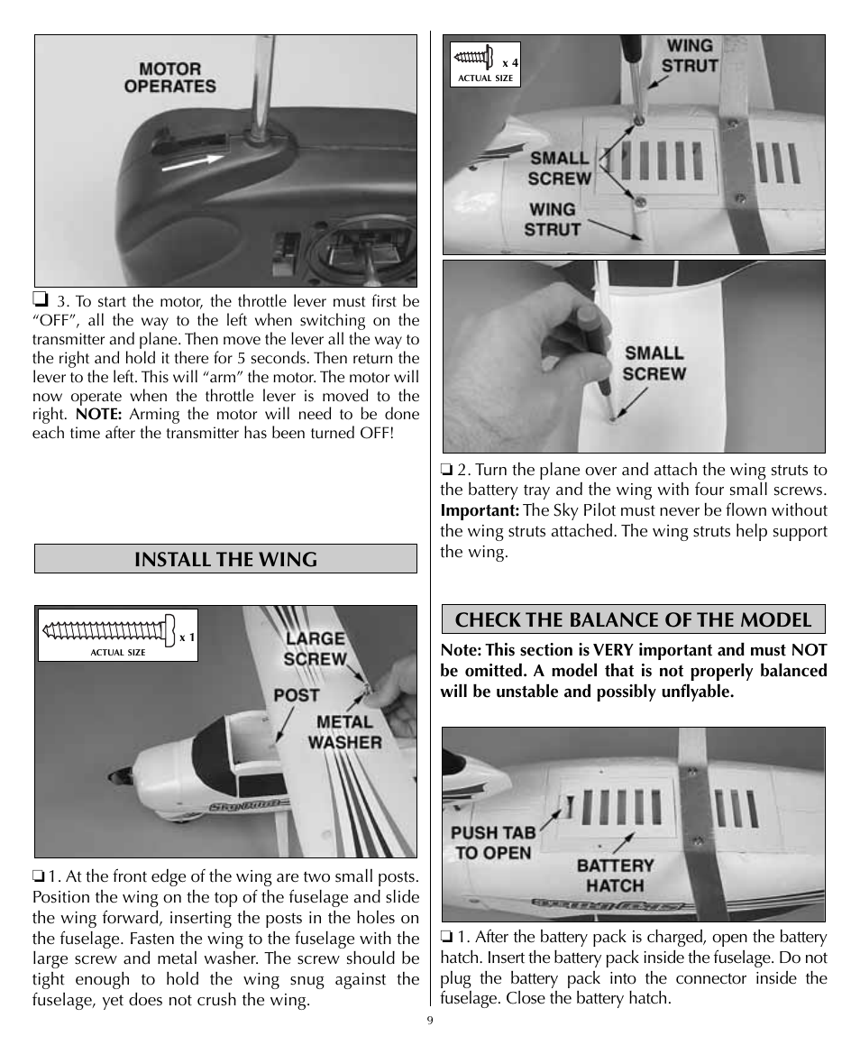 Check the balance of the model install the wing | Flyzone HCAA1985 User Manual | Page 9 / 12