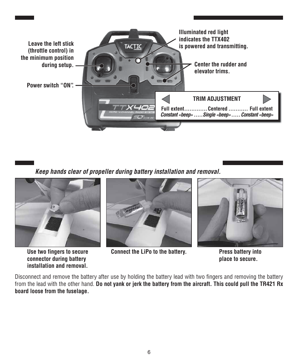 Installation and removal of the lipo battery, Power the ttx402 and center the trims | Flyzone FLZA2020 User Manual | Page 6 / 12