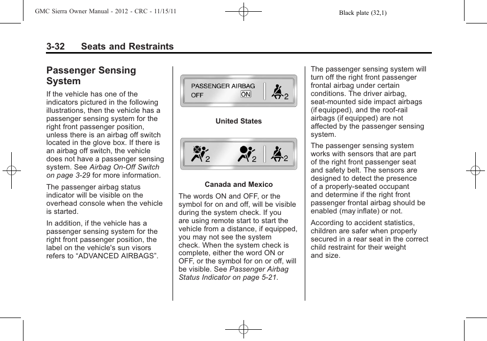 Passenger sensing system, Passenger sensing, System -32 | Right | GMC 2012 Sierra User Manual | Page 100 / 556
