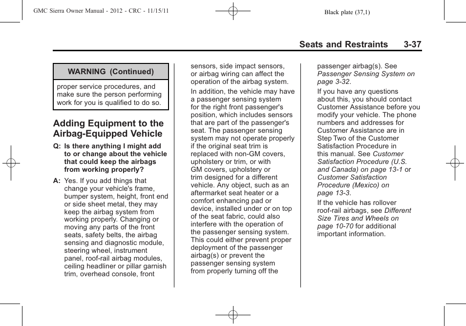 Adding equipment to the airbag-equipped vehicle, Adding equipment to the, Airbag-equipped vehicle -37 | GMC 2012 Sierra User Manual | Page 105 / 556